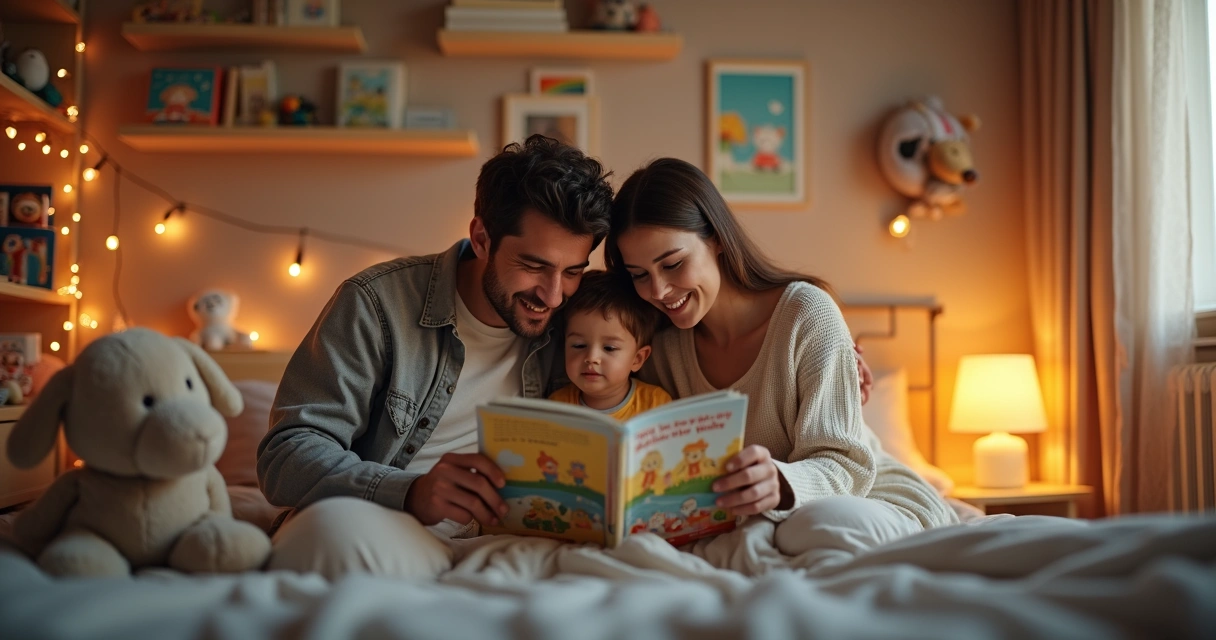 Família lendo com criança na cama 