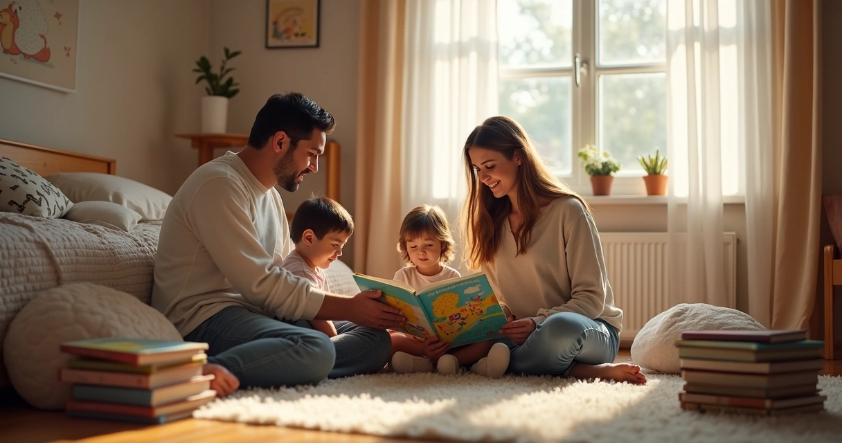 Familia sentada em círculo lendo livro infantil juntos em quarto aconchegante