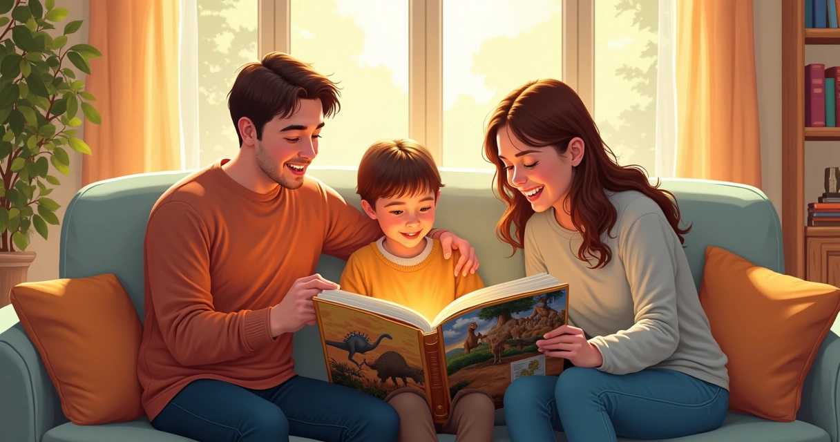 Família lendo juntos sobre criacionismo 