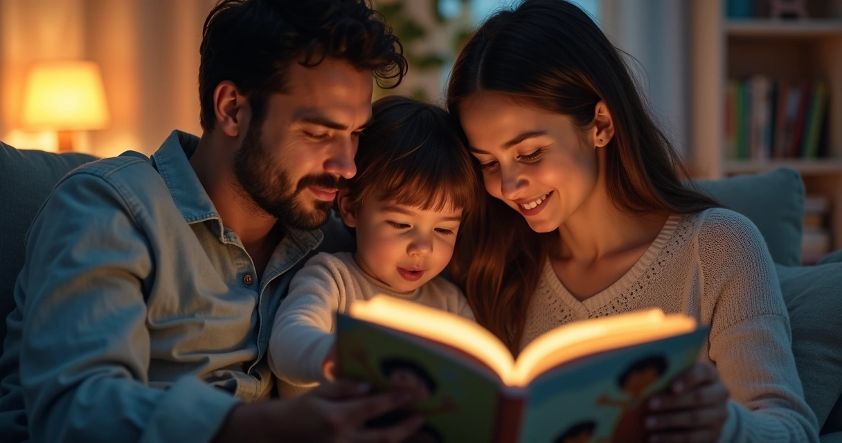 Família reunida lendo histórias na sala de estar 