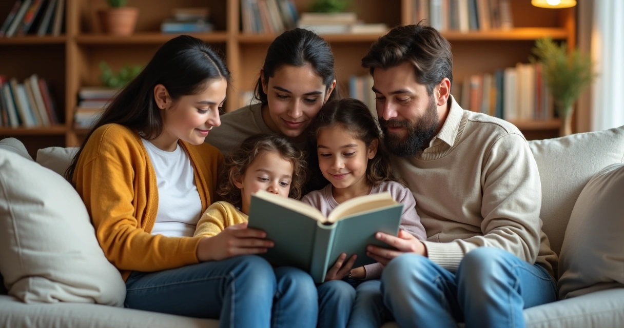 Família lendo livro juntos no sofá 