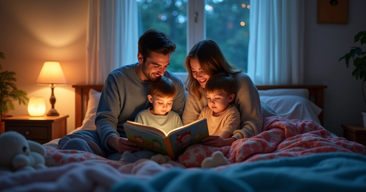 Família lendo historinha juntos antes de dormir no quarto infantil 