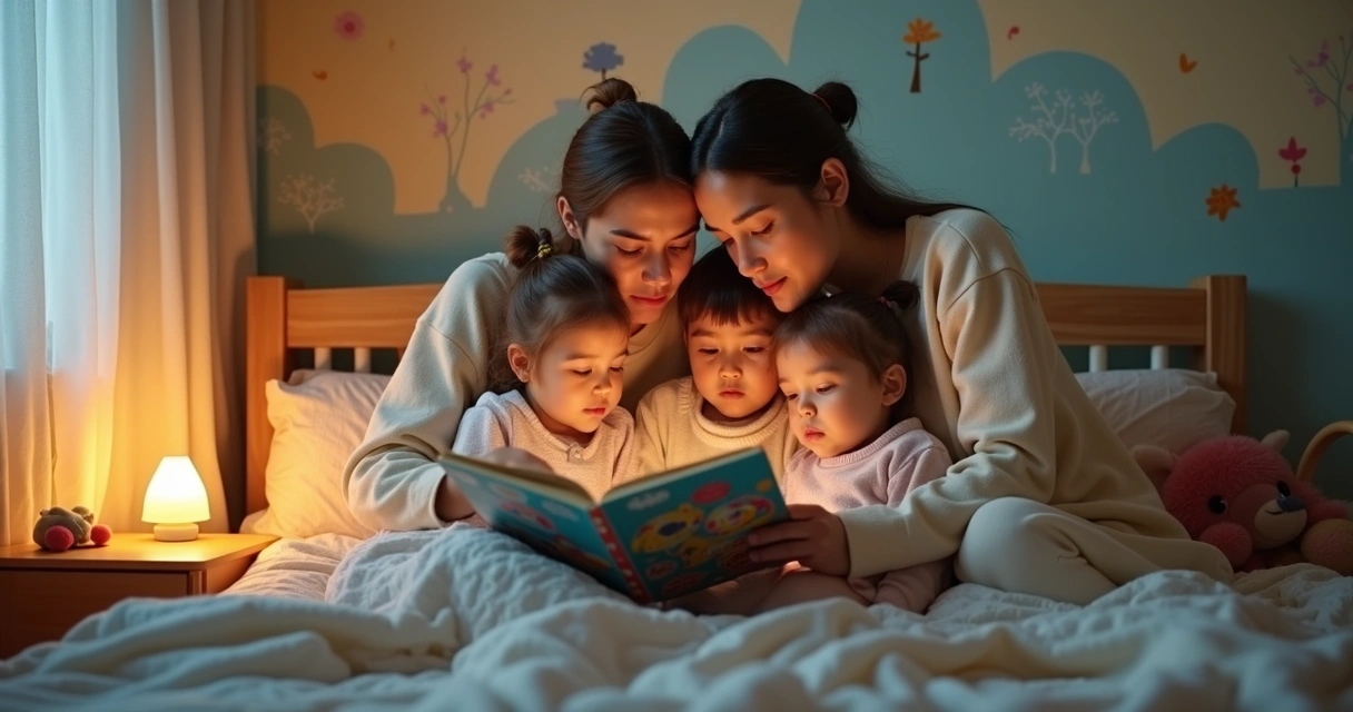 Família lendo história infantil juntos antes de dormir 