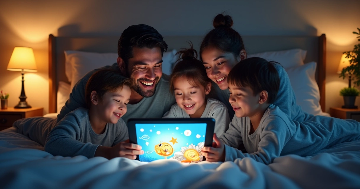 Família lendo juntos na cama com muitas histórias digitais 