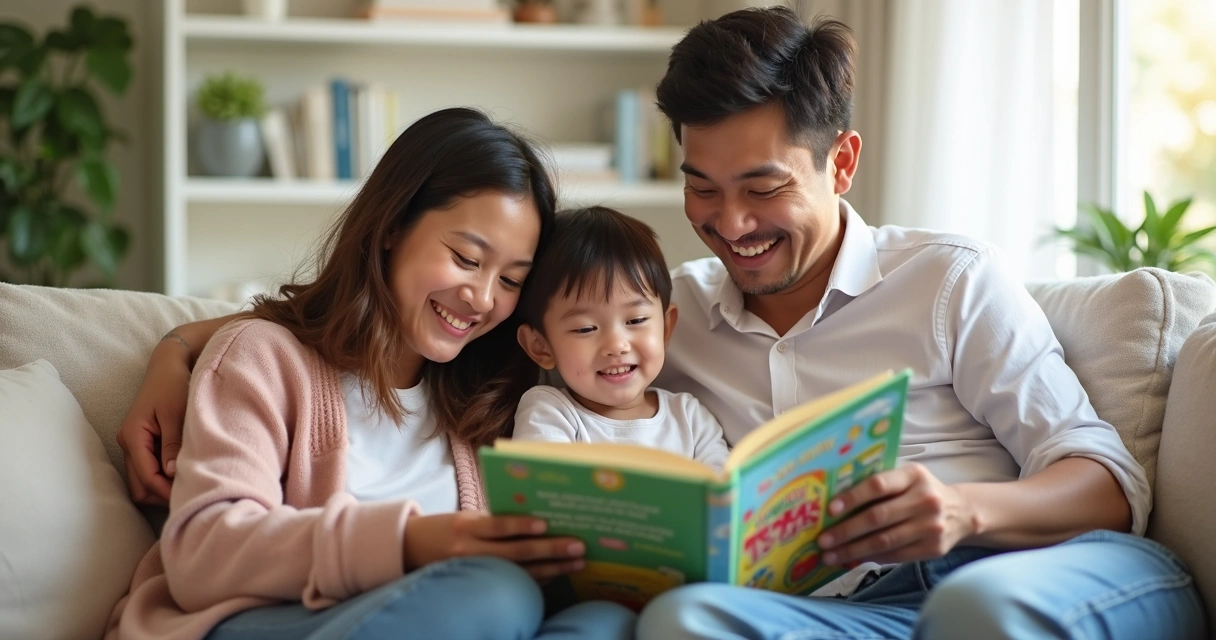 Família sentada lendo um livro juntos 