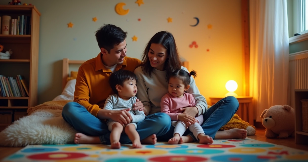 Família lendo histórias no quarto infantil 