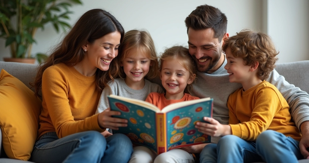 Pais com filhos lendo sobre signos zodiacais 