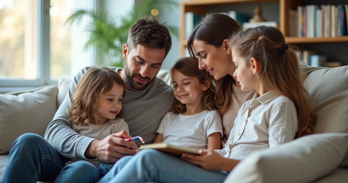 Família sentada no sofá vista de cima com desenhos de conexões ao redor 