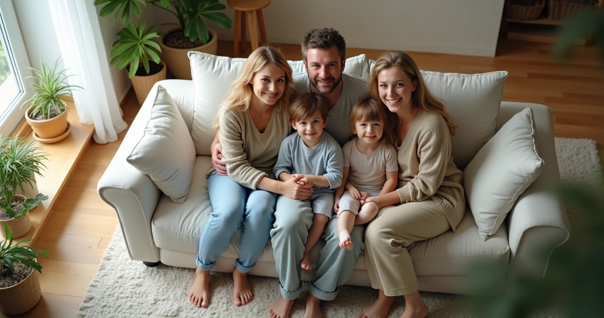 Família sentada no sofá vista de cima com conexões desenhadas ao redor 