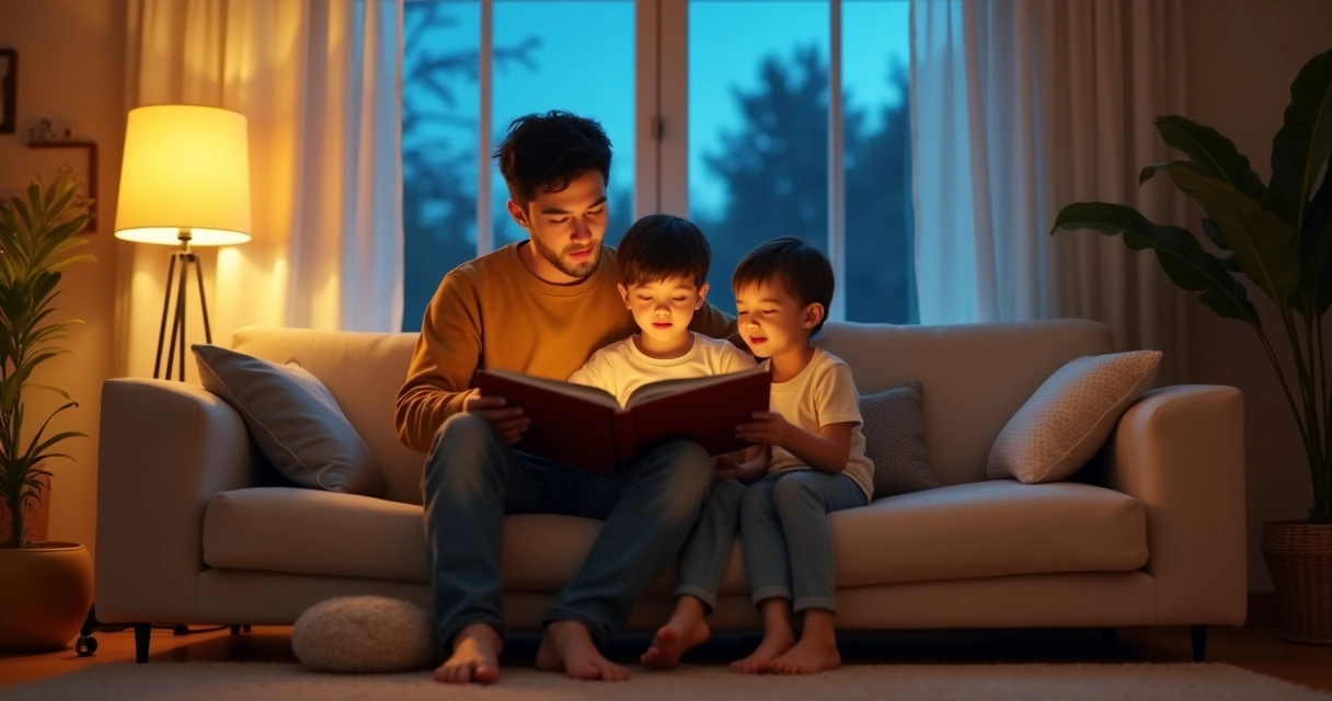 Família reunida no sofá lendo história para criança 