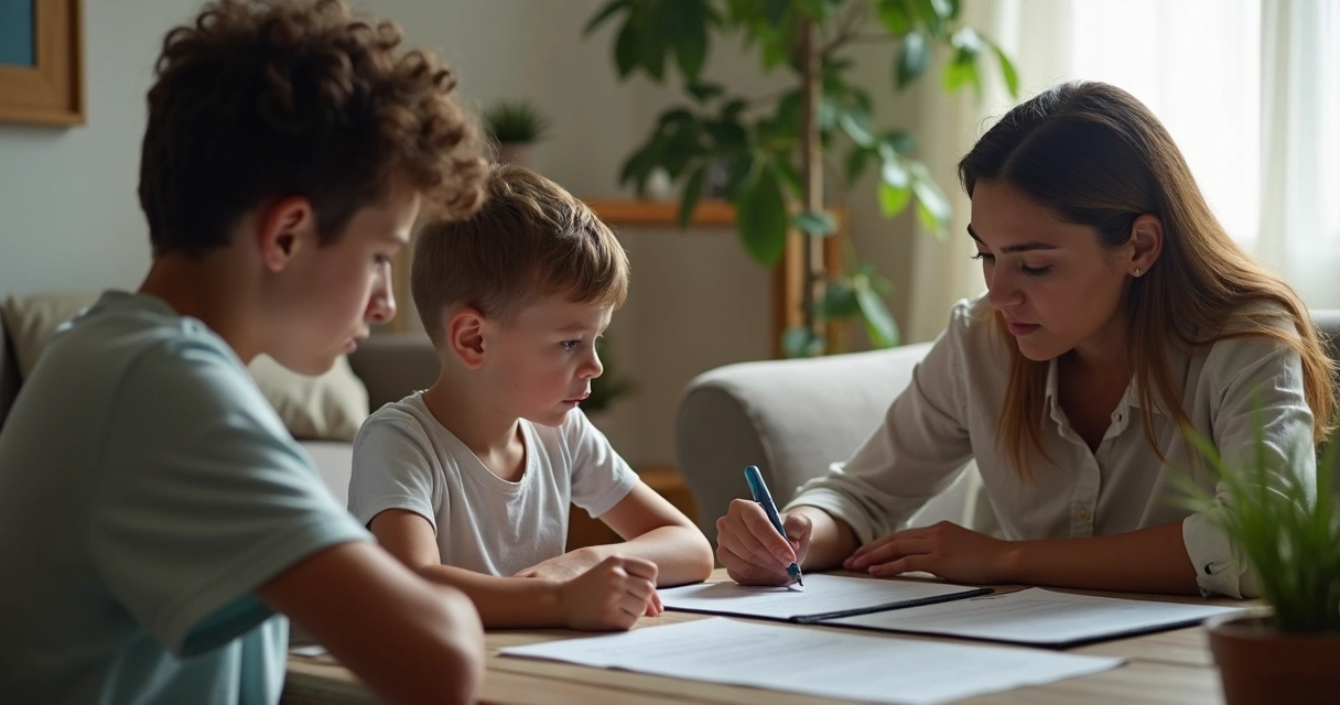 Família analisando contrato de compra na sala 