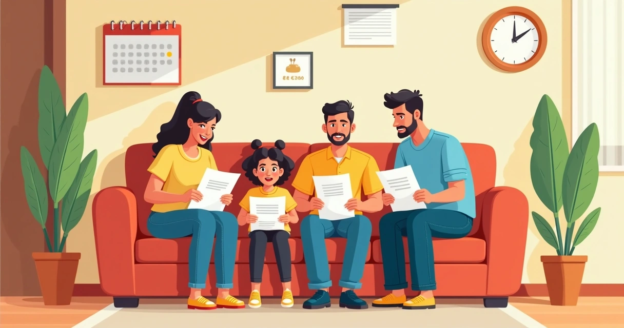 Família reunida analisando documentos de seguro de vida em casa 