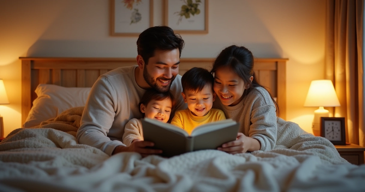 Família lendo juntos na cama aconchegante 