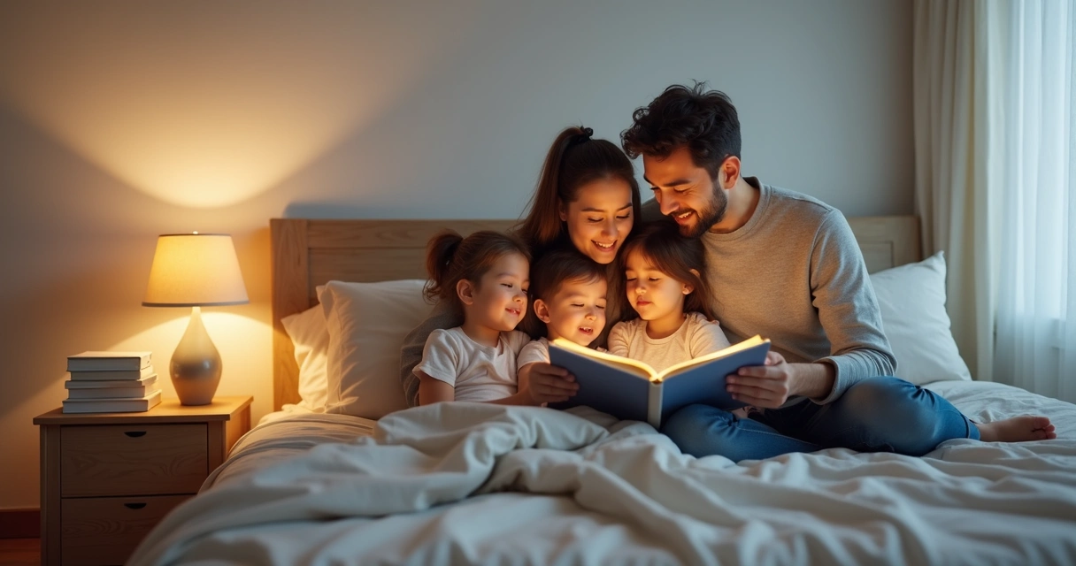 Família reunida lendo um livro na cama antes de dormir
