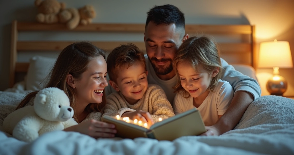 Família reunida lendo histórias para dormir, todos sentados ao redor da cama infantil 