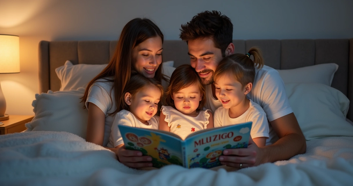 Família unida lendo livro infantil na cama