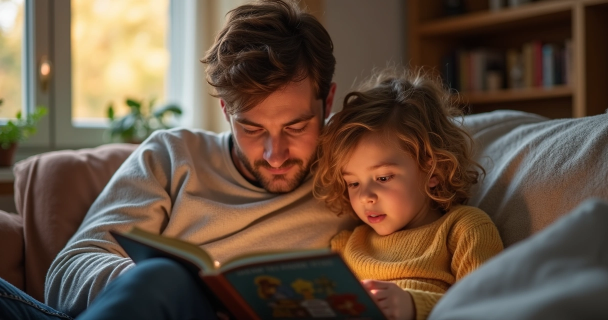 Adulto e criança lendo livro no sofá