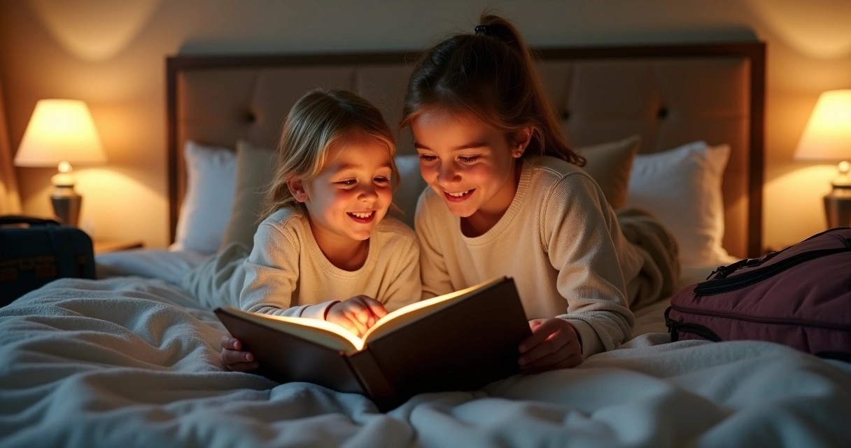 Família lendo livro com crianças sentados na cama de hotel 
