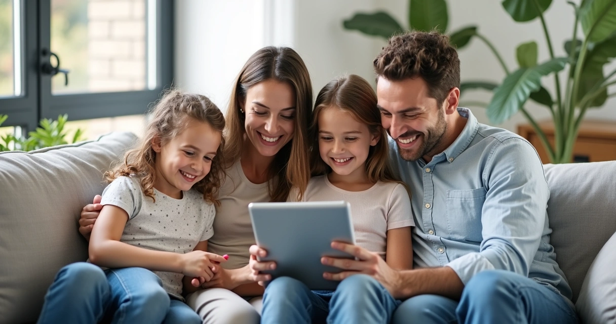 Família reunida lendo em tablet newsletter sobre saúde bucal na sala de casa 