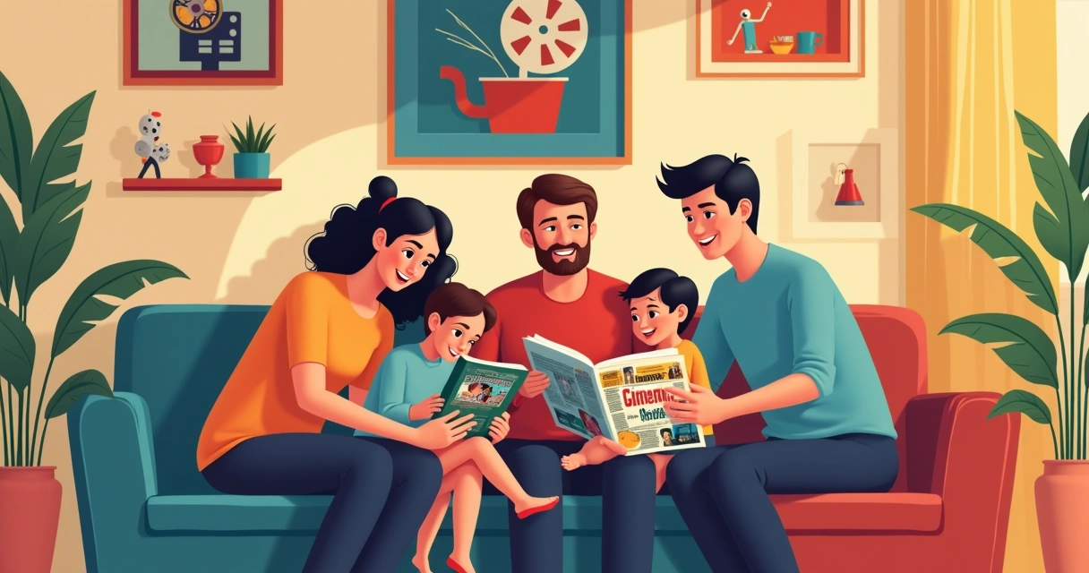 Família reunida lendo revista de cinema clássico na sala 