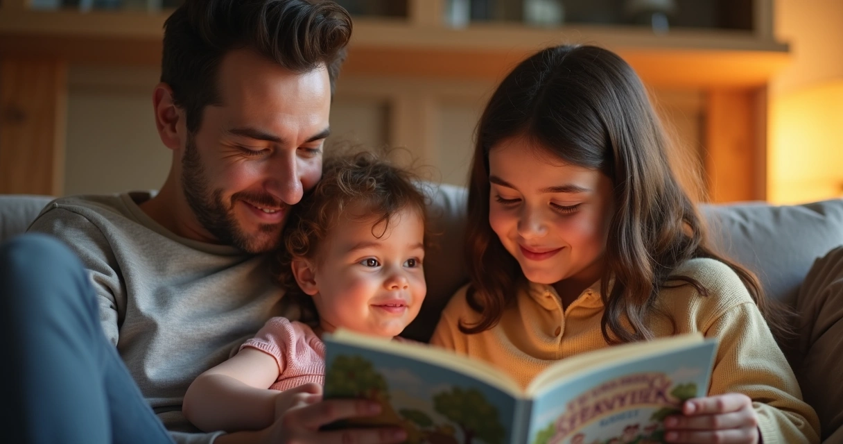 Pais lendo histórias com filhos pequenos em casa 