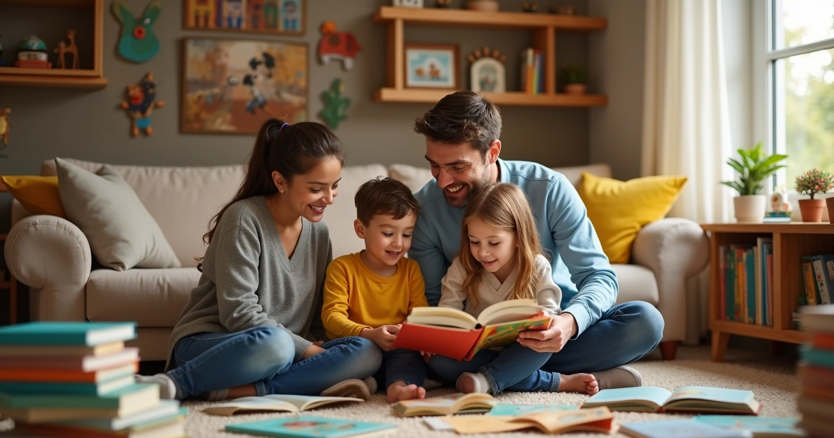 Família reunida lendo diversos livros infantis em um ambiente aconchegante e colorido 