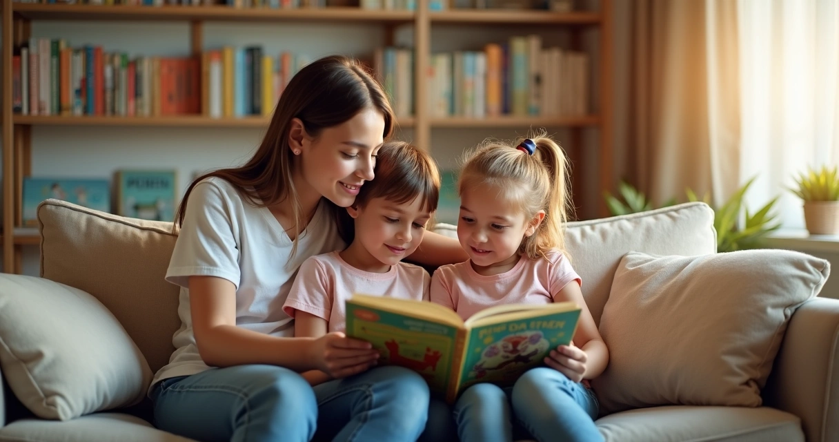 Família lendo histórias infantis junta no sofá em ambiente acolhedor e iluminado 