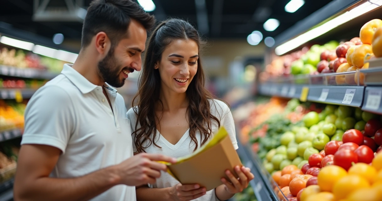 Família lendo rótulo de produto em mercado 
