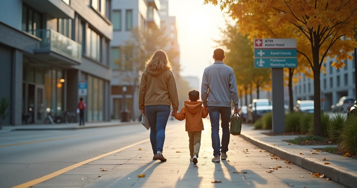 Família acompanhando criança até clínica de terapia nas ruas urbanas