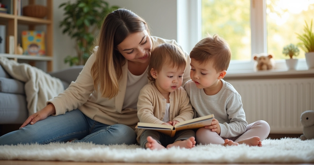 Familia leyendo un cuento con un niño en casa