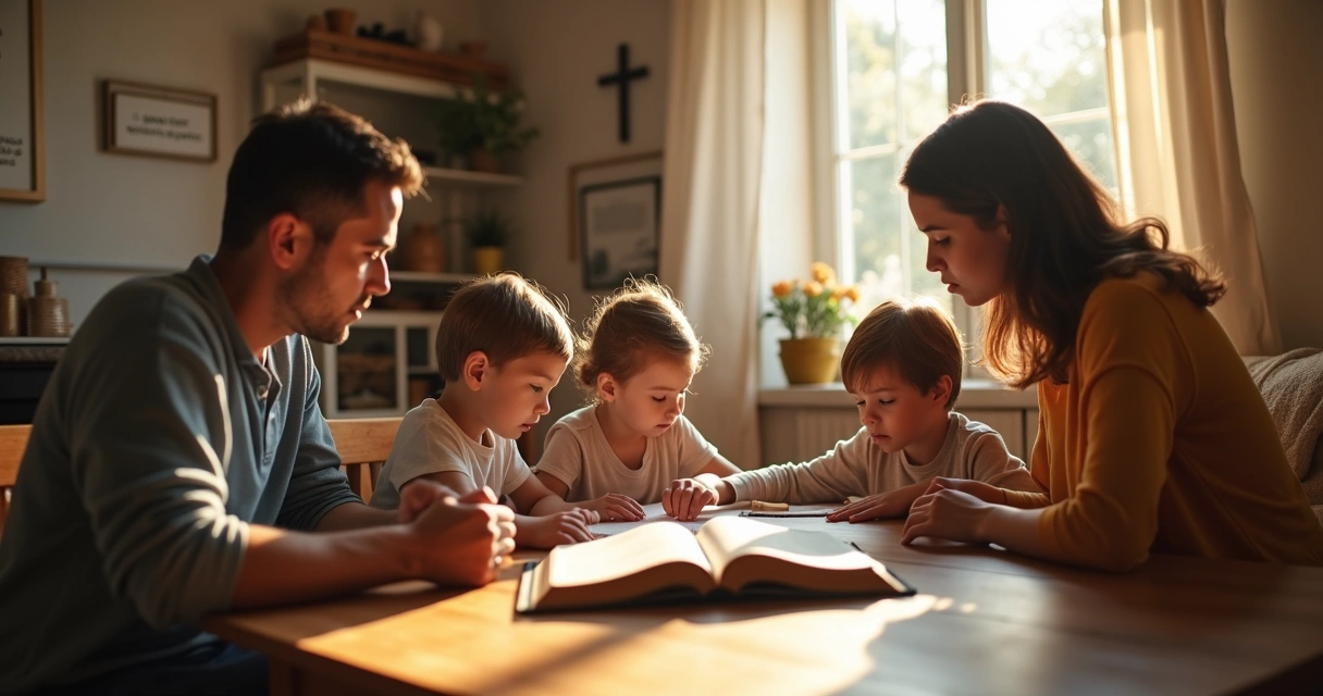 Família reunida na mesa lendo a Bíblia juntos no ambiente da sala com luz natural 