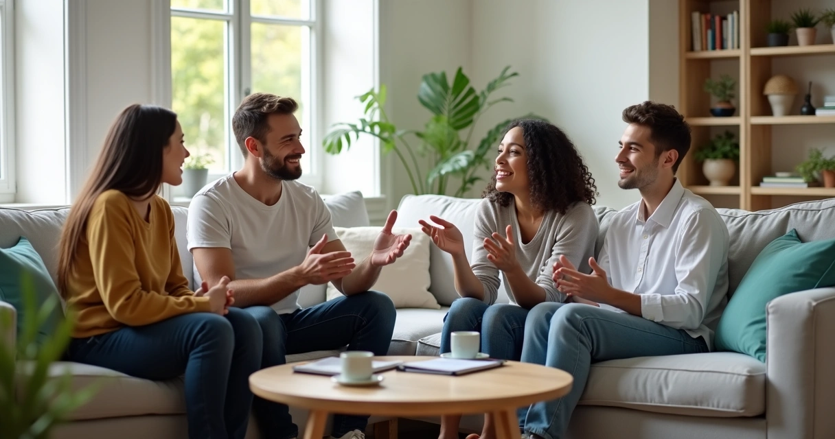 Líder familiar conversando con su familia en una sala de estar luminosa 