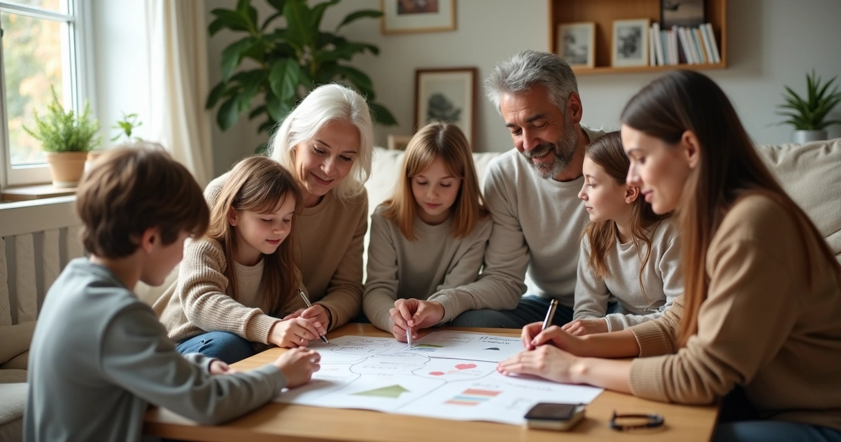 Pais e filhos em roda na sala definindo juntos o propósito da família 