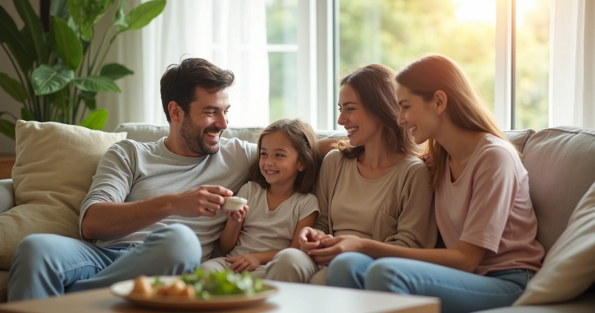 Familia sonriente compartiendo juntos en ambiente relajado