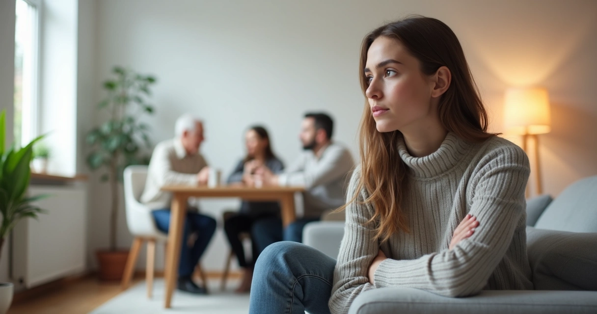 Joven pensativa sentada apartada de su familia en la sala de estar 