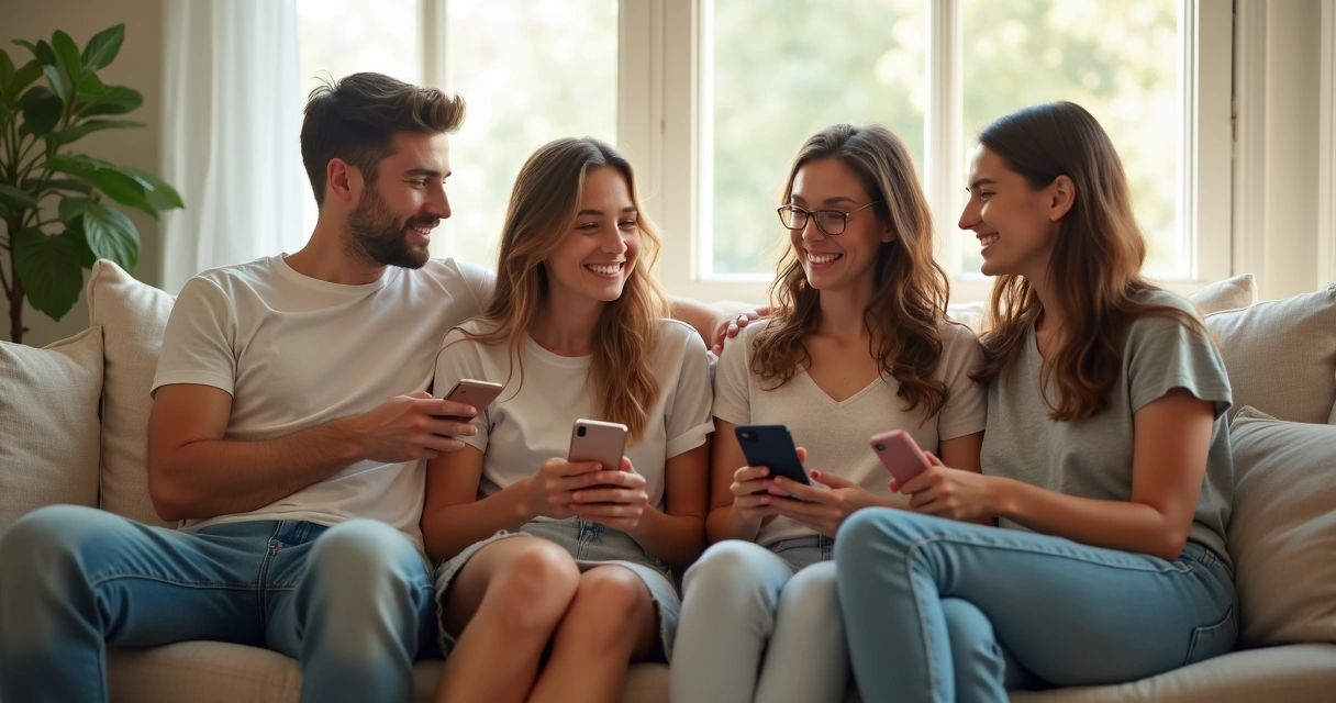 Família sentada em sofá juntos, jovens largando celulares e sorrindo 