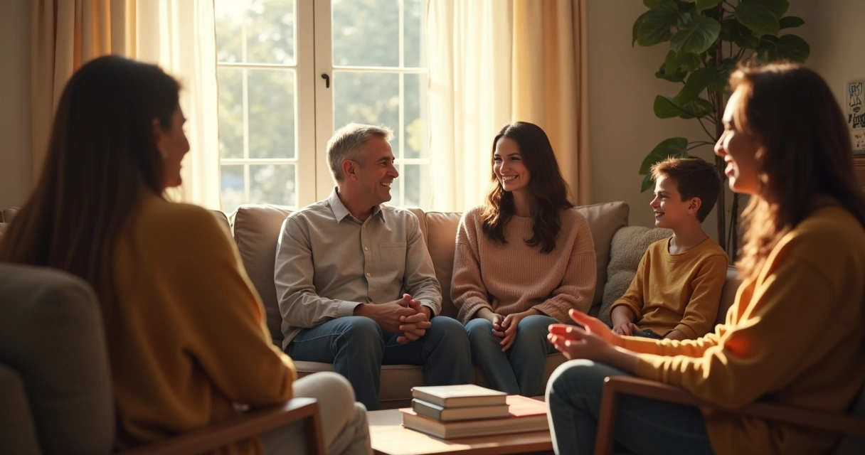 Familia conversando, cada uno en un rol diferente, con espacio personal claro 