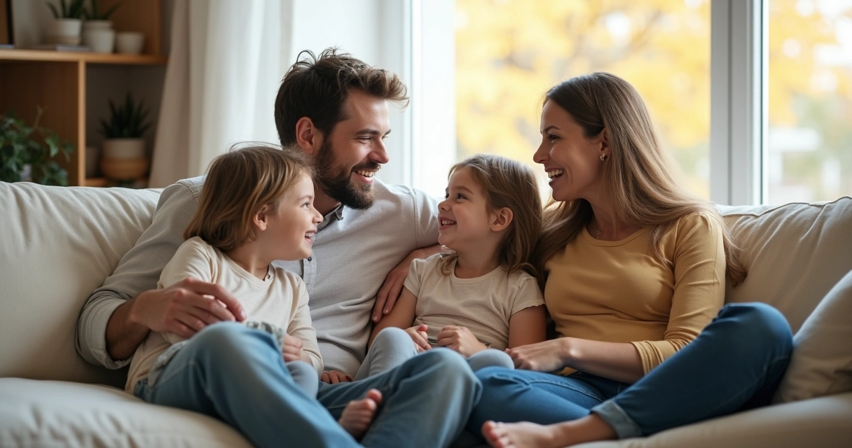 Família sentada no sofá em casa, conversando com expressão serena. 