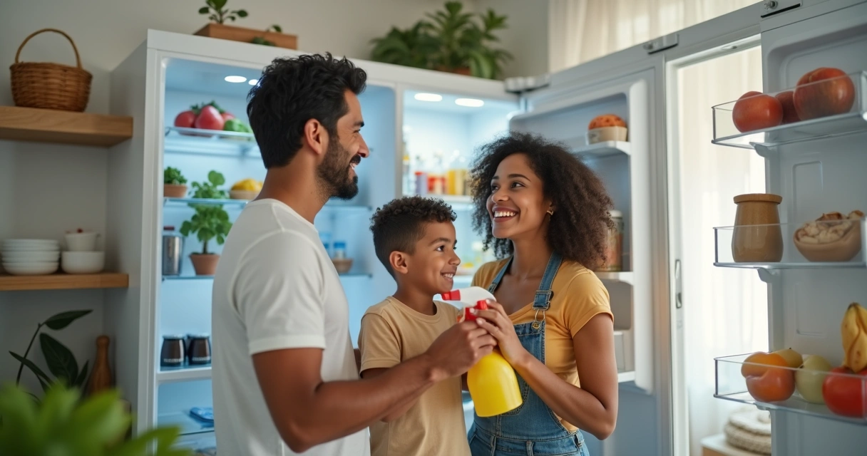 Família limpando geladeira em cozinha aberta 