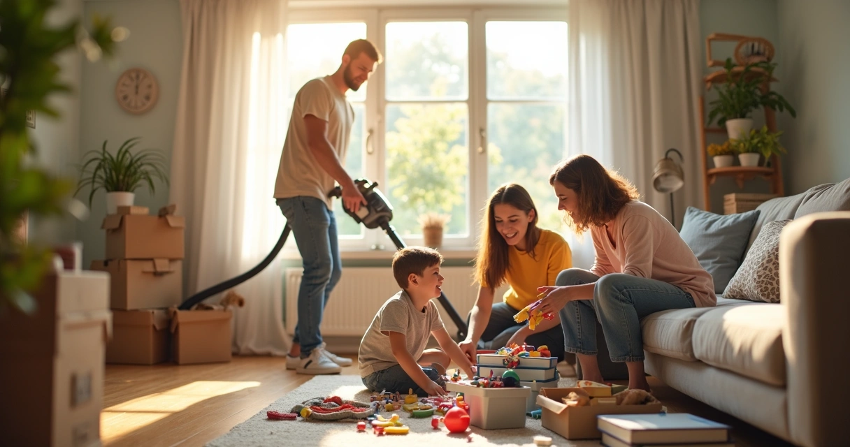 Família sorrindo, limpando e organizando cômodos de uma casa em clima de união 