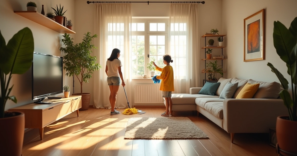 Família limpando casa com pano úmido 
