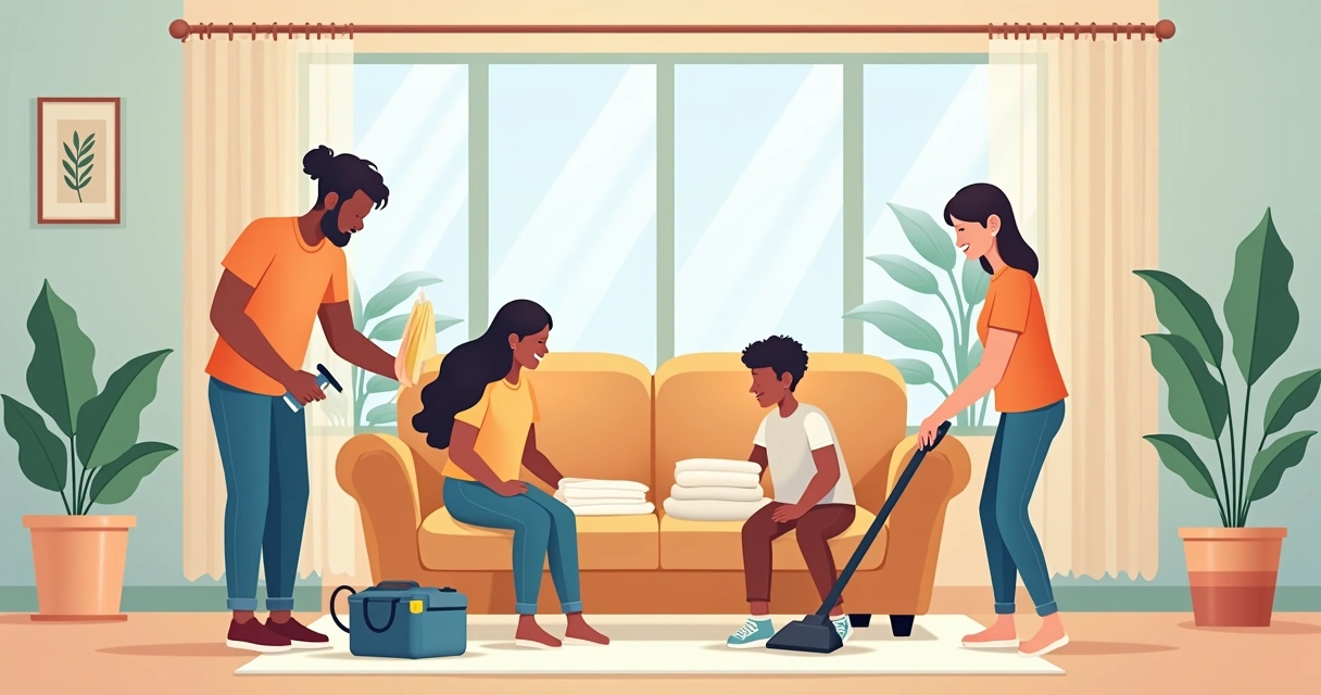 Família limpa sofá junto em sala bem iluminada 