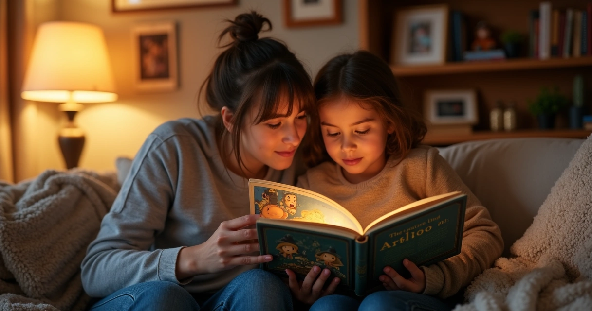 Família lendo livro personalizado no sofá