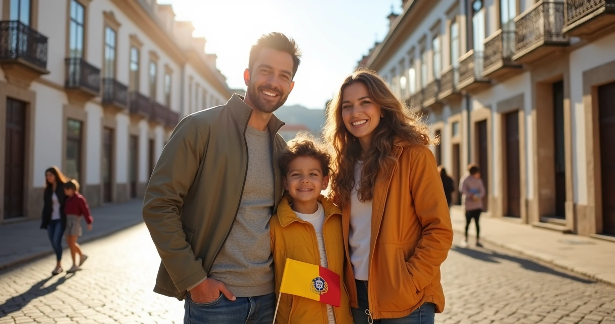 Família mista luso-brasileira sorrindo em praça portuguesa 