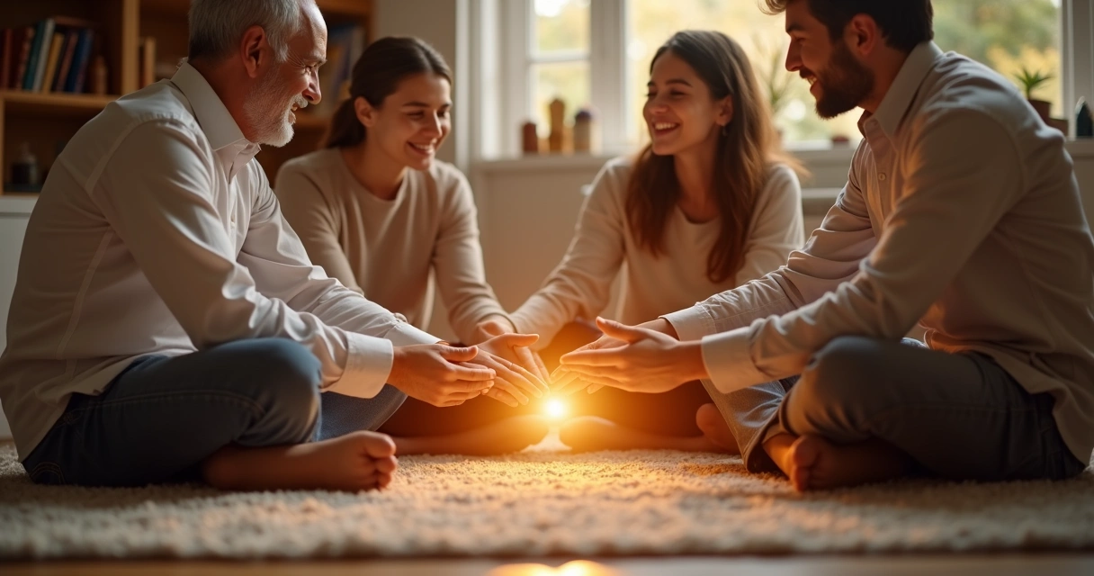 Família unida em círculo de luz suave durante ritual energético 
