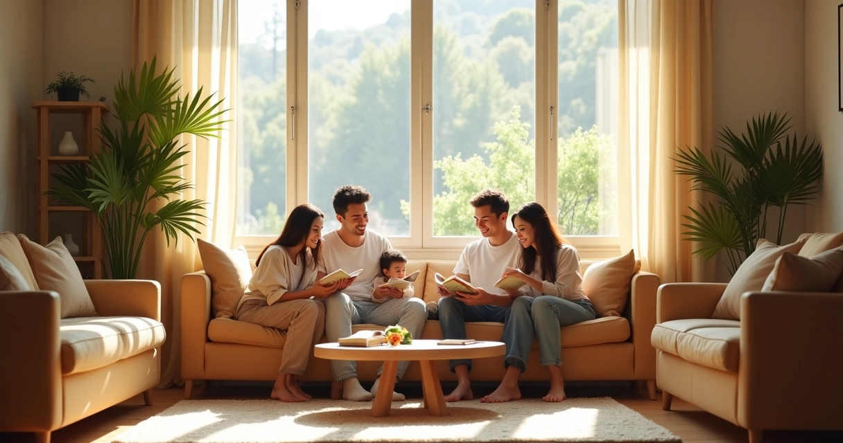 Família reunida usando luz natural vinda da janela 