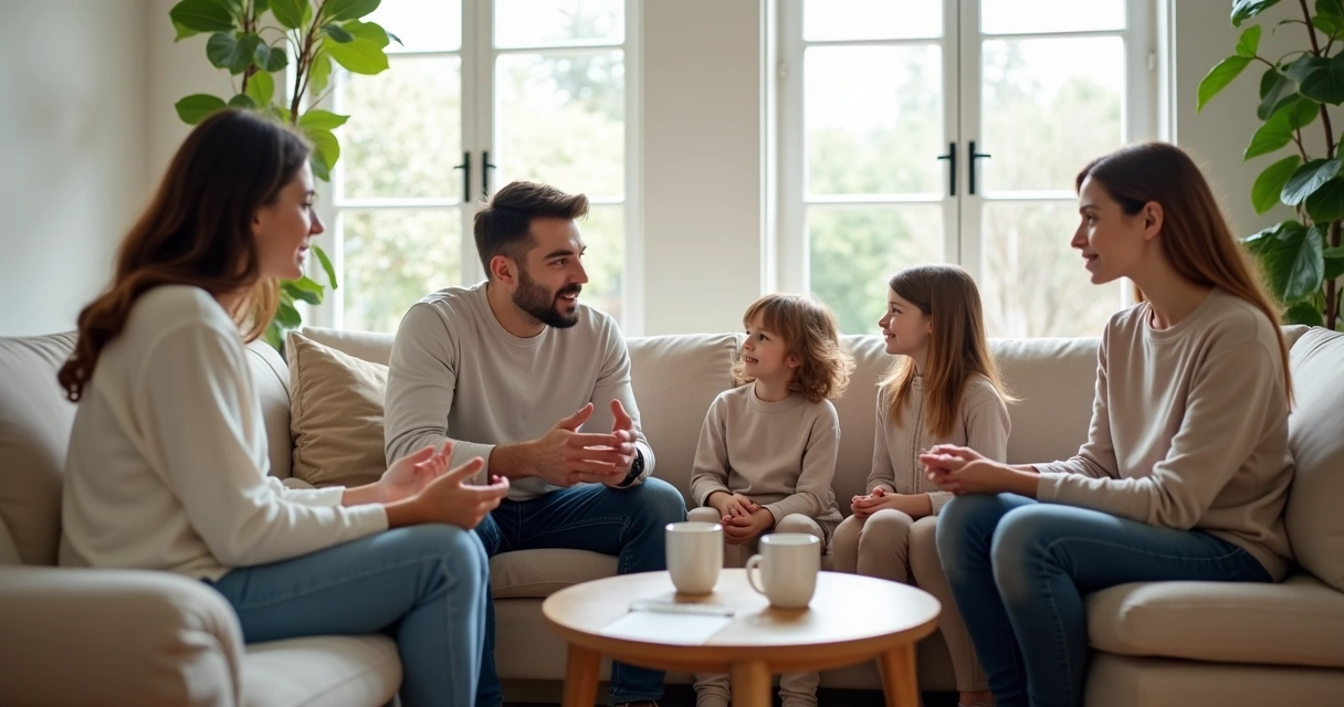 Família sentada no sofá conversando com calma e tomando decisão em conjunto 