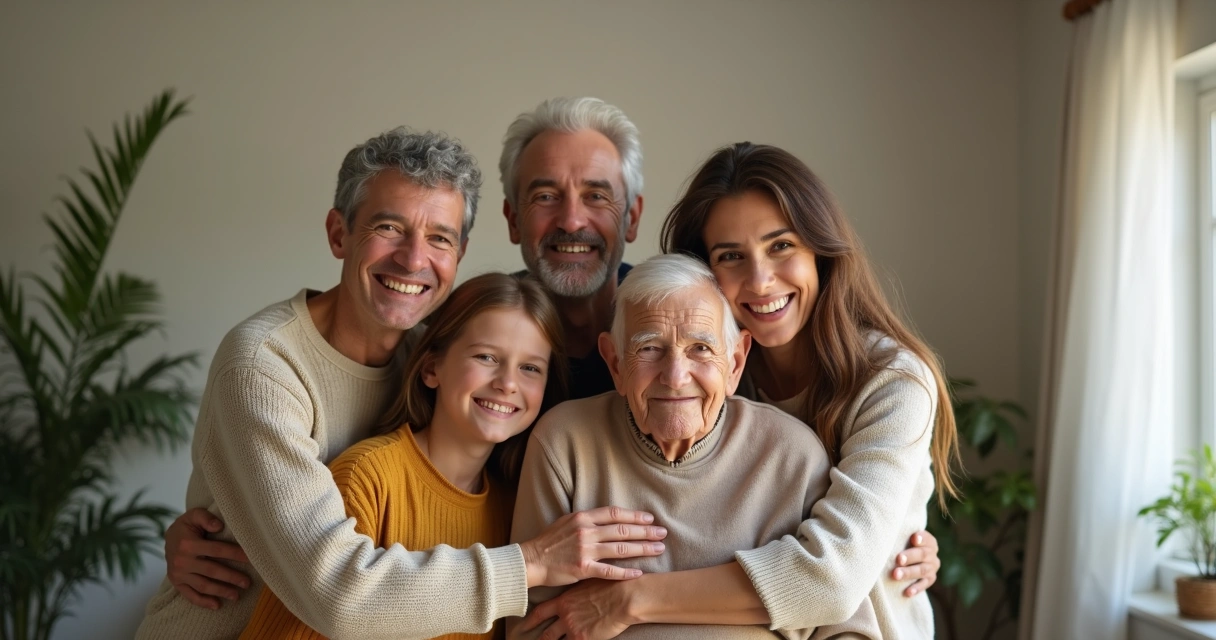 Família sorrindo conectada em um abraço 