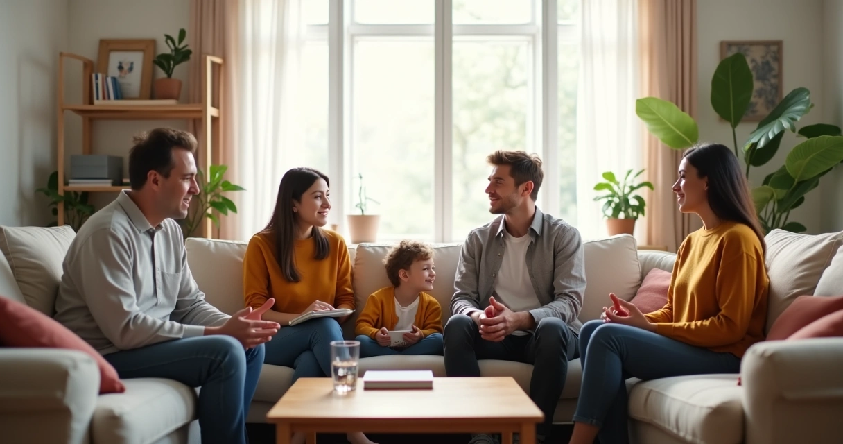 Familia sentada en círculo en un salón luminoso conversando con calma 