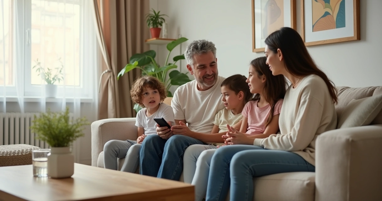 Família sentada no sofá em conversa tranquila e afetiva 